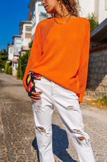 Женский оранжевый ажурный повседневный свитер с мягкой текстурой и рукавами «летучая мышь» GK-CCK1802 GÜNEŞ KIZI