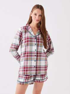 Женский пижамный комплект в клетку с длинным рукавом и шортами с воротником рубашки LCW DREAM