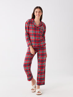 Женский пижамный комплект в клетку с длинным рукавом и воротником рубашки LCW DREAM, яркий красный принт