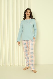 Женский пижамный комплект из одного джерси с длинным рукавом в клетку из хлопка, сезонный W20302244 ahengim, голубые