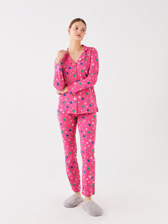 Женский пижамный комплект с длинным рукавом и воротником рубашки с рисунком LCW DREAM, фуксия с принтом