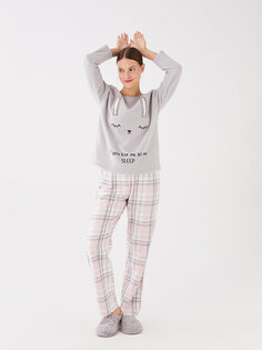 Женский пижамный комплект с длинным рукавом с круглым вырезом и вышивкой LCW DREAM, оптический белый печатный