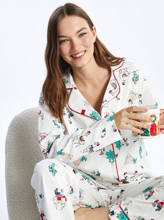 Женский пижамный комплект с длинным рукавом и воротником рубашки на новогоднюю тематику LCW DREAM, оптический белый печатный