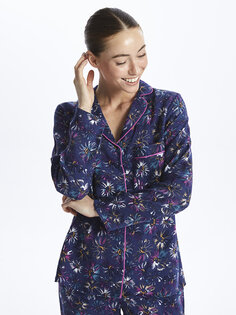 Женский пижамный комплект с длинным рукавом и воротником рубашки с цветочным принтом LCW DREAM, светло-темно-синий с принтом