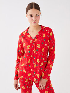 Женский пижамный комплект с длинным рукавом и воротником рубашки на новогоднюю тематику LCW DREAM, яркий красный принт