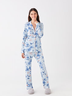 Женский пижамный комплект с длинным рукавом и воротником рубашки с цветочным принтом LCW DREAM, голубой с принтом