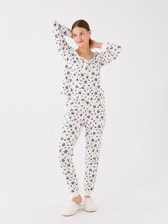 Женский пижамный комплект с длинными рукавами и v-образным вырезом в новогодней тематике LCW DREAM