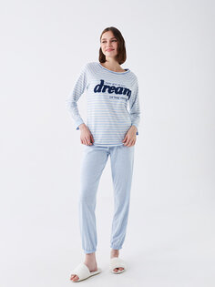 Женский пижамный комплект с длинным рукавом с круглым вырезом и вышивкой LCW DREAM, синий меланж
