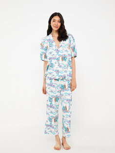 Женский пижамный комплект с короткими рукавами и воротником рубашки с рисунком LCW DREAM, экрю с принтом