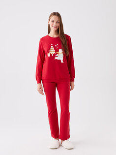 Женский пижамный комплект с длинными рукавами и круглым вырезом с принтом LCW DREAM, красный