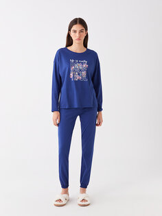 Женский пижамный комплект с длинными рукавами и круглым вырезом с принтом LCW DREAM, светло-темно-синий