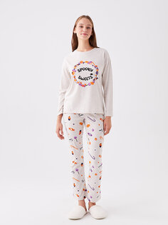 Женский пижамный комплект с длинными рукавами и круглым вырезом с принтом LCW DREAM, овсяный меланж