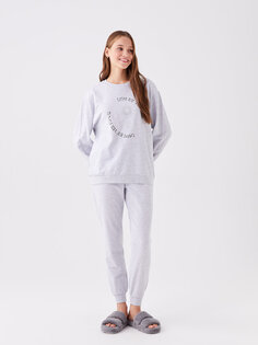 Женский пижамный комплект с длинными рукавами и круглым вырезом с принтом LCW DREAM, серый меланж