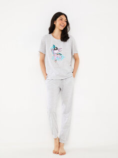 Женский пижамный комплект с короткими рукавами и круглым вырезом с принтом LCW DREAM, серый меланж