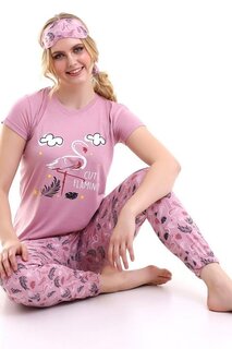 Женский пижамный комплект с короткими рукавами и розовым ремешком для сна с принтом фламинго CALİMERA MODA