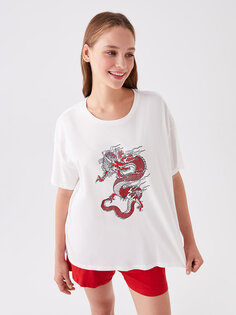 Женский пижамный комплект с короткими рукавами и шортами с круглым вырезом и принтом LCW DREAM, красный