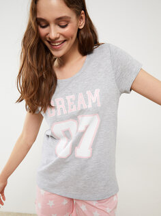 Женский пижамный комплект с короткими рукавами и круглым вырезом с принтом LCW DREAM, светло-розовый с принтом