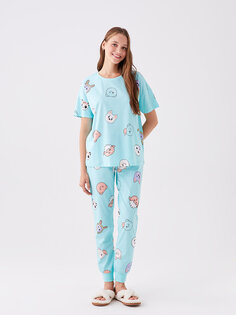 Женский пижамный комплект с короткими рукавами и круглым вырезом с рисунком LCW DREAM, бирюзовый принт