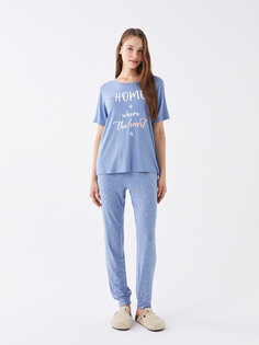 Женский пижамный комплект с короткими рукавами и круглым вырезом с принтом LCW DREAM, матовый синий с принтом