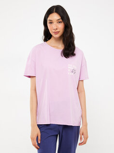 Женский пижамный комплект с короткими рукавами и круглым вырезом с принтом LCW DREAM, фиолетовый