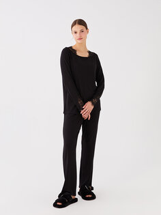 Женский пижамный комплект с круглым вырезом и длинными рукавами LCW DREAM