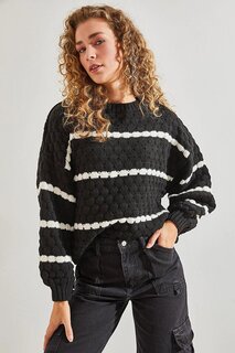 Женский полосатый вязаный свитер с объемными рукавами и сотами SHADE, черно-белый