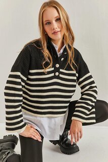 Женский полосатый трикотажный свитер с воротником на пуговицах SHADE, черно-бежевый