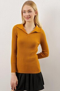 Женский светло-коричневый базовый трикотажный свитер в рубчик с воротником-поло Z Giyim