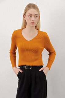 Женский светло-коричневый базовый трикотажный свитер в рубчик с v-образным вырезом Z Giyim