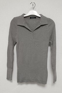 Женский серый вязаный свитер в рубчик с воротником-поло Z Giyim