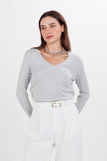 Женский серый трикотажный свитер с v-образным вырезом и объемными рукавами с разрезами ECROU