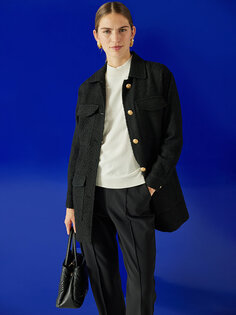 Женский твидовый пиджак с рубашечным воротником и узором LCW Modest, черный