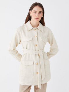 Женский твидовый пиджак с рубашечным воротником и узором LCW Modest, экрю