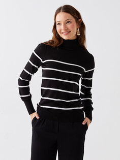Женский трикотажный свитер в полоску с длинным рукавом и водолазкой LCWAIKIKI Basic, черный полосатый