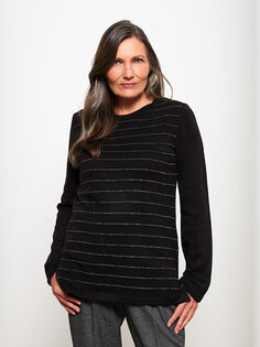 Женский трикотажный свитер в полоску с круглым вырезом и длинными рукавами LCW Grace, новый черный