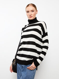 Женский трикотажный свитер в полоску с длинным рукавом и водолазкой LCWAIKIKI Basic, новый черный