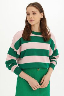 Женский трикотажный свитер в зелено-розовую полоску с круглым вырезом SWK4339YP Sherin