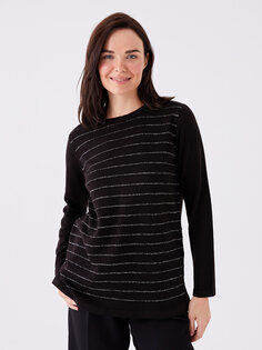Женский трикотажный свитер в полоску с круглым вырезом и длинными рукавами LCW Grace, новый черный