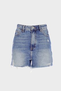 Средние синие джинсовые шорты с потертостями и высокой талией C 4534-068 CROSS JEANS