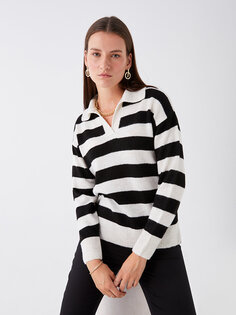Женский трикотажный свитер оверсайз с длинными рукавами и воротником-поло с цветными блоками LCWAIKIKI Basic, черный полосатый