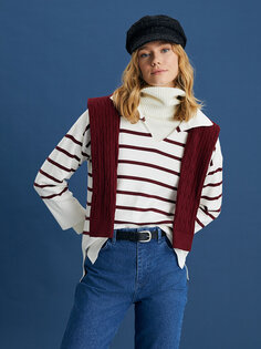 Женский трикотажный свитер с воротником-поло и длинным рукавом в полоску SOUTHBLUE, темно-красные полосы