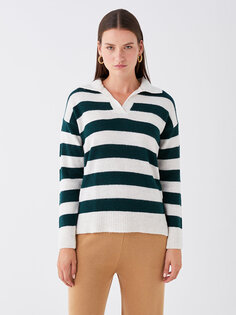 Женский трикотажный свитер оверсайз с длинными рукавами и воротником-поло с цветными блоками LCWAIKIKI Basic, темно-зеленые полосы