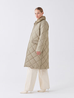 Стеганое женское пуховое пальто с рубашечным воротником LCW Modest, бледный хаки