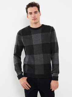 Мужской вязаный свитер в клетку с круглым вырезом и длинными рукавами LCW Casual, новый черный