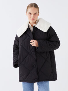Стеганое женское пуховое пальто с рубашечным воротником LCW Modest, черный