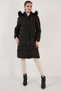 Стеганое зимнее длинное пальто-хиджаб с воротником из искусственного меха и съемным капюшоном 6477401 Lela, черный