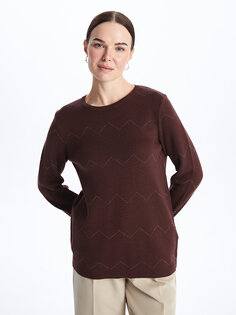 Женский трикотажный свитер с длинным рукавом и круглым вырезом с рисунком LCW Grace, темно коричневый