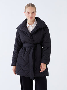 Стеганое женское пуховое пальто с воротником-стойкой и длинными рукавами LCW Modest, черный