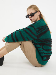 Женский трикотажный свитер с длинным рукавом и круглым вырезом с рисунком LCWAIKIKI Basic, средне-зеленый