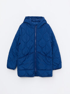 Стеганое пальто с капюшоном и рисунком для мальчика LCW Kids, светло-темно-синий